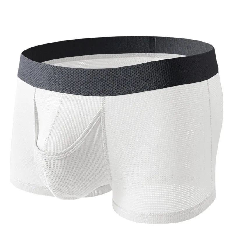 Men's ice silk nylon boxer underwear in black colour showing low-waist design and mesh breathable panels