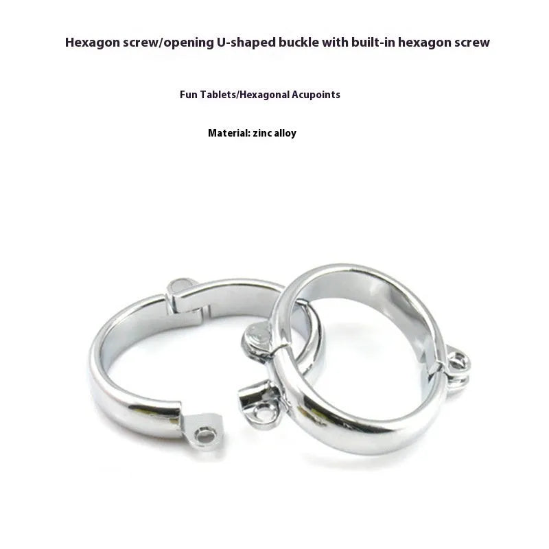 Silver zinc alloy metal handcuffs and footcuffs set for adult bondage play on a dark background.