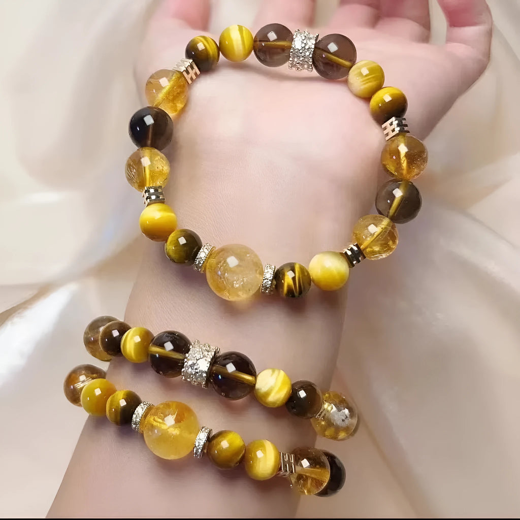 Natural yellow artificial crystal string beads bracelet, 10mm size, on a white background.