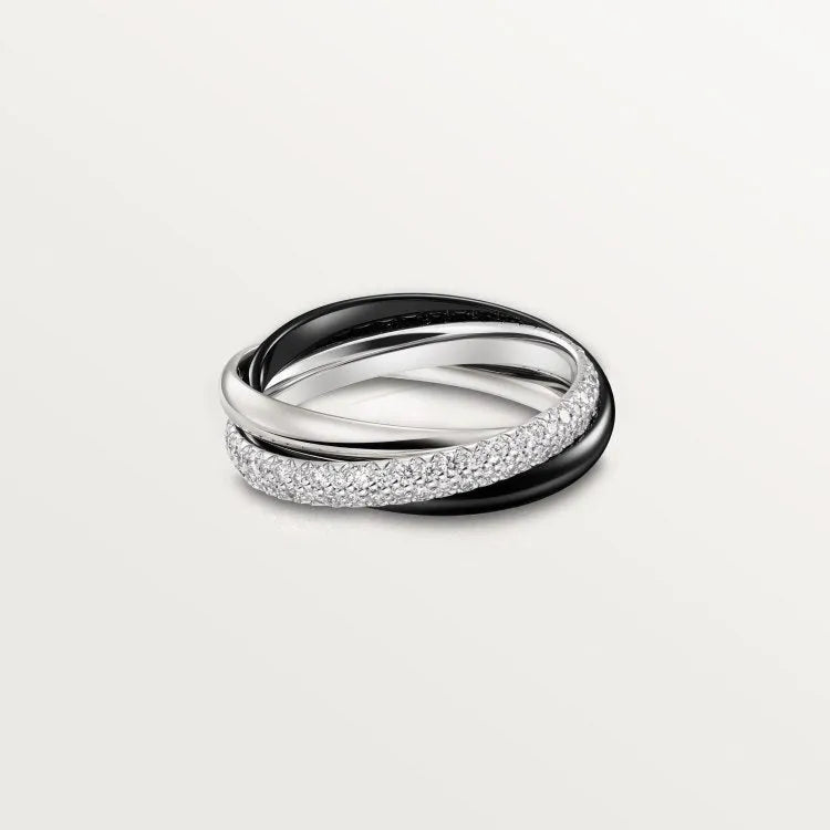Geometric U-shaped sterling silver couple ring with full diamond setting on a rose gold plated band.
