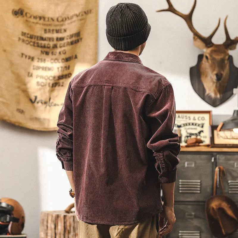 Men's loose fit corduroy shirt jacket in cotton fabric available in black or red