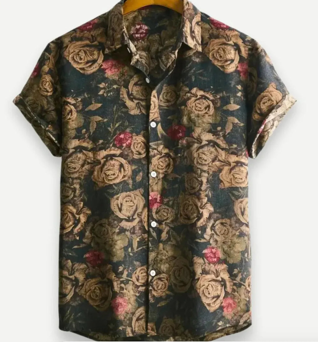 Hawaiian floral print lapel short sleeve shirt in cardigan style.