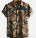 Hawaiian floral print lapel short sleeve shirt in cardigan style.