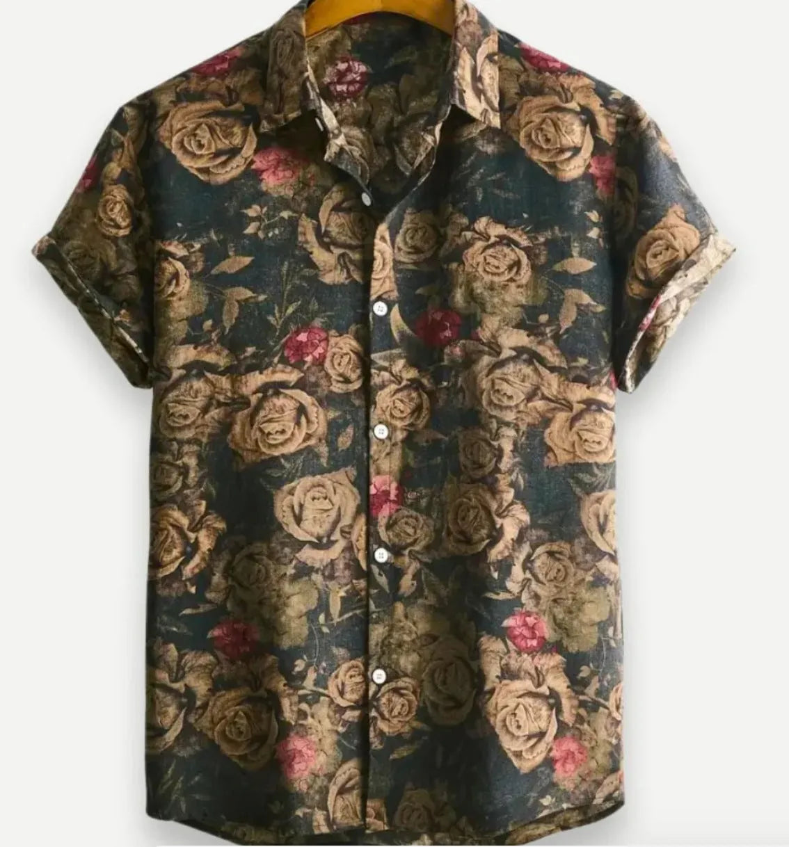 Hawaiian floral print lapel short sleeve shirt in cardigan style.