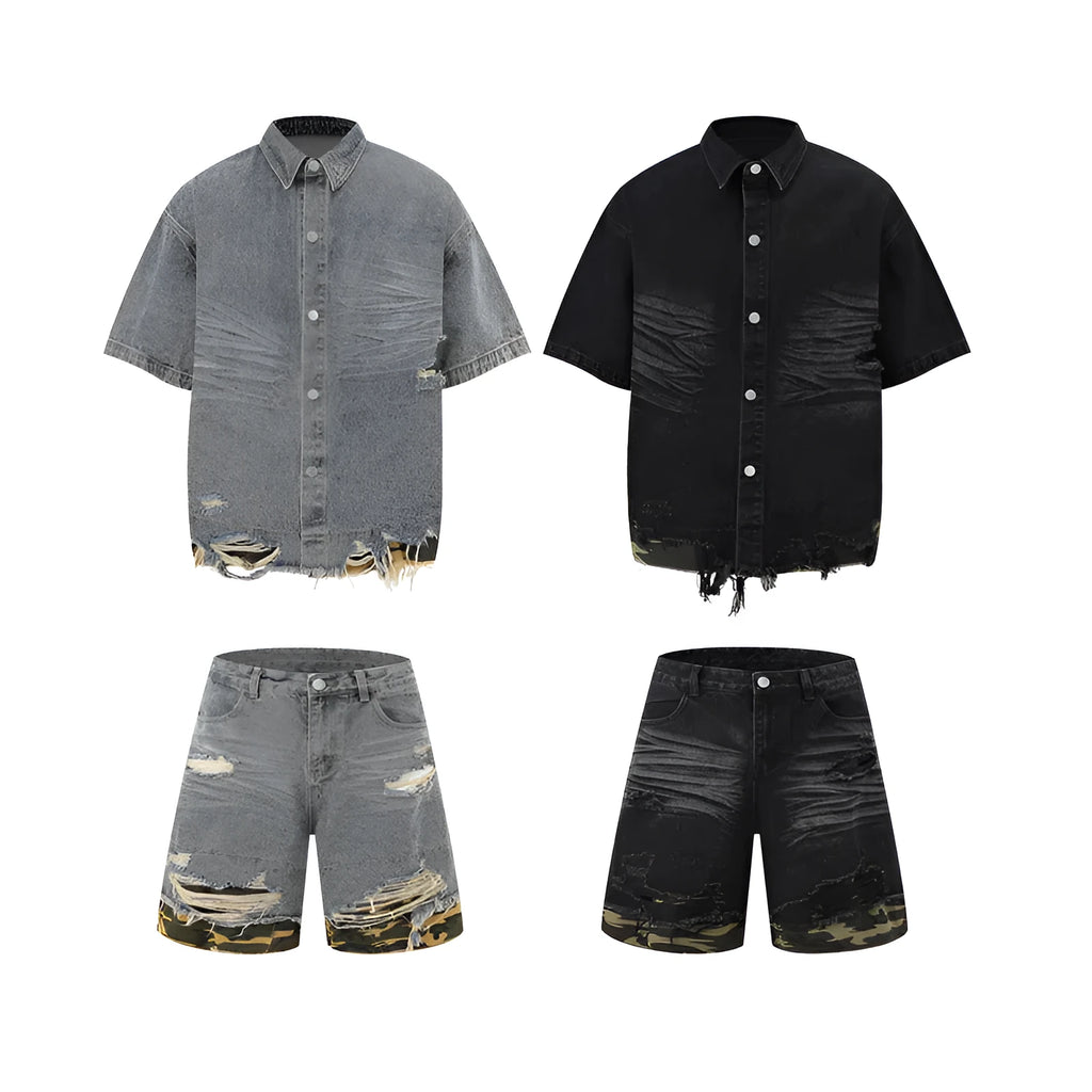 Women's leopard print denim short sleeve top and matching shorts with cut edge stitching.