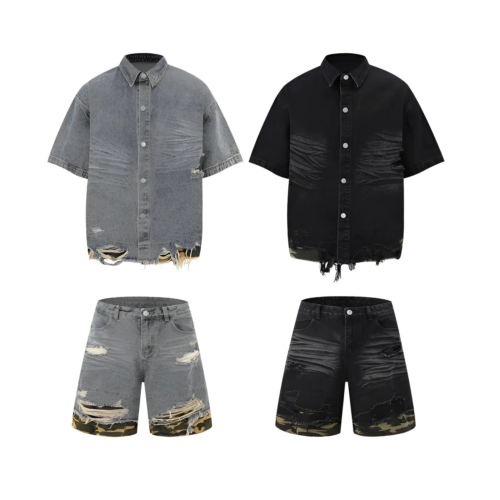 Women's leopard print denim short sleeve top and matching shorts with cut edge stitching.