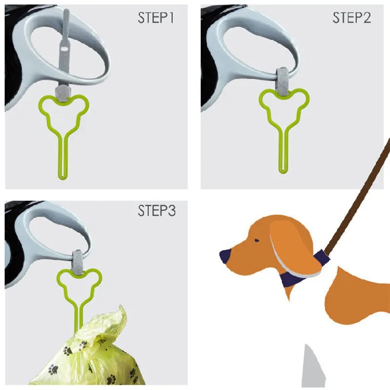 A hands-free dog poop bag holder with a black plastic clip and adjustable velcro strap, loaded with green waste bags.