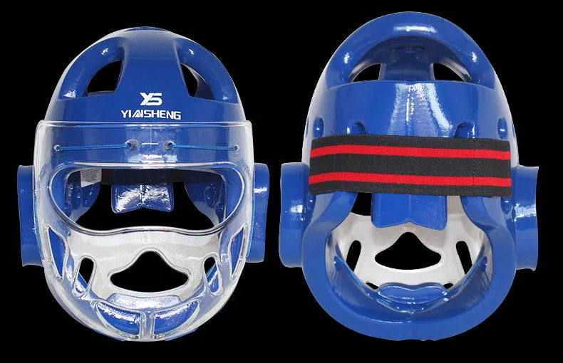 A white, blue, and red karate boxing helmet with chin strap for head protection.