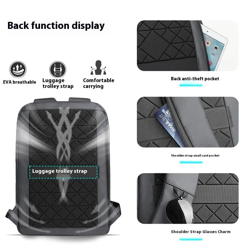 Men's lightweight Oxford cloth backpack in dark grey with sewing line detail.