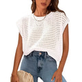 White sleeveless crochet sweater with round neck and loose fit design