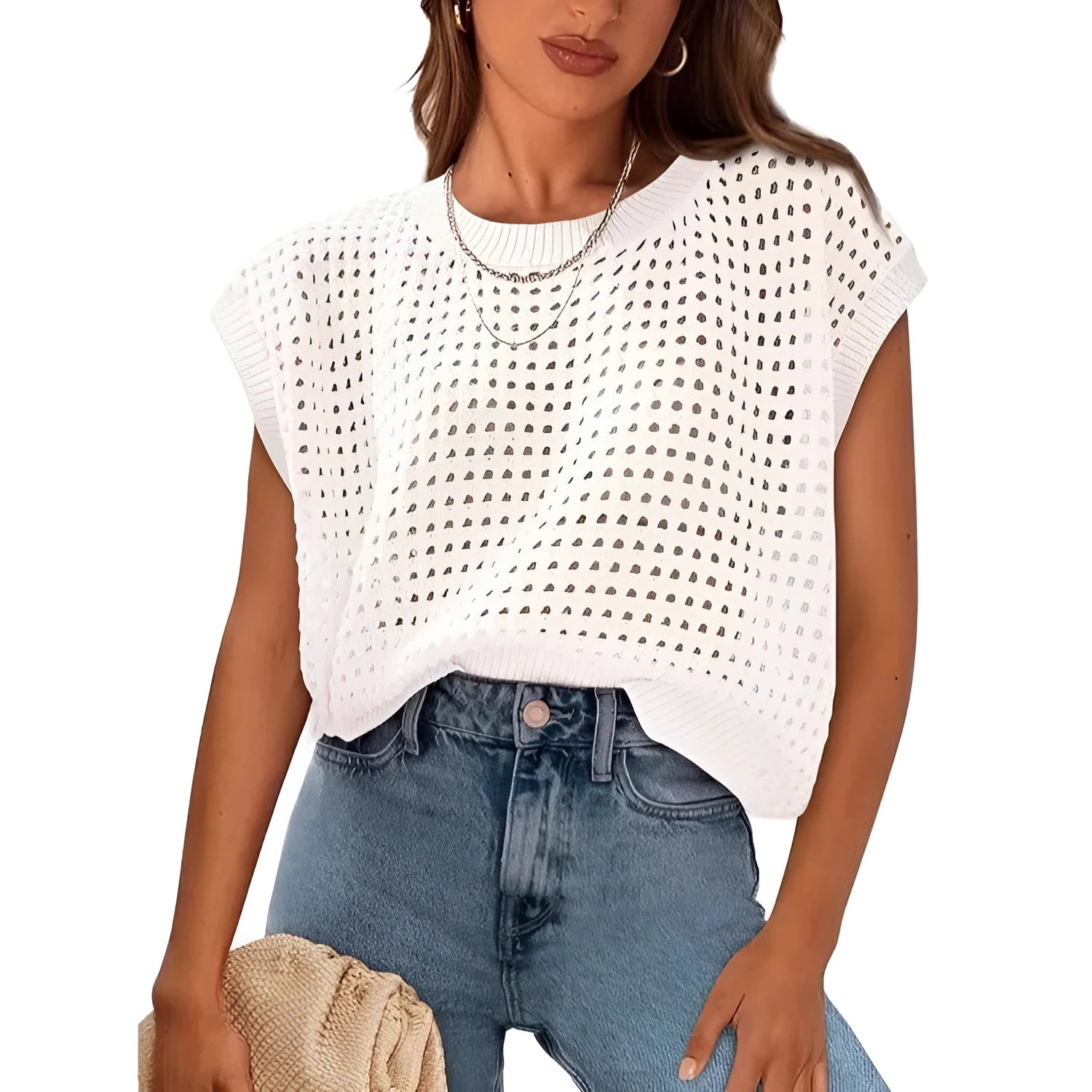 White sleeveless crochet sweater with round neck and loose fit design