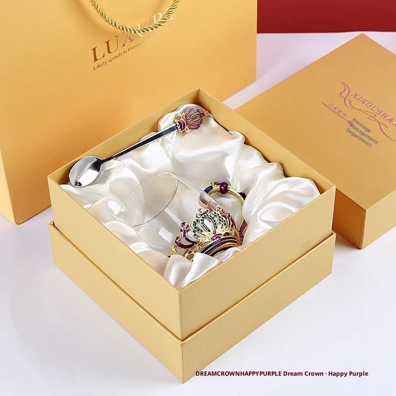 Household enamel cup crown flower tea cup set with heat-resistant glass cup, spoon, lid, and plate, round shape, 301-400ml