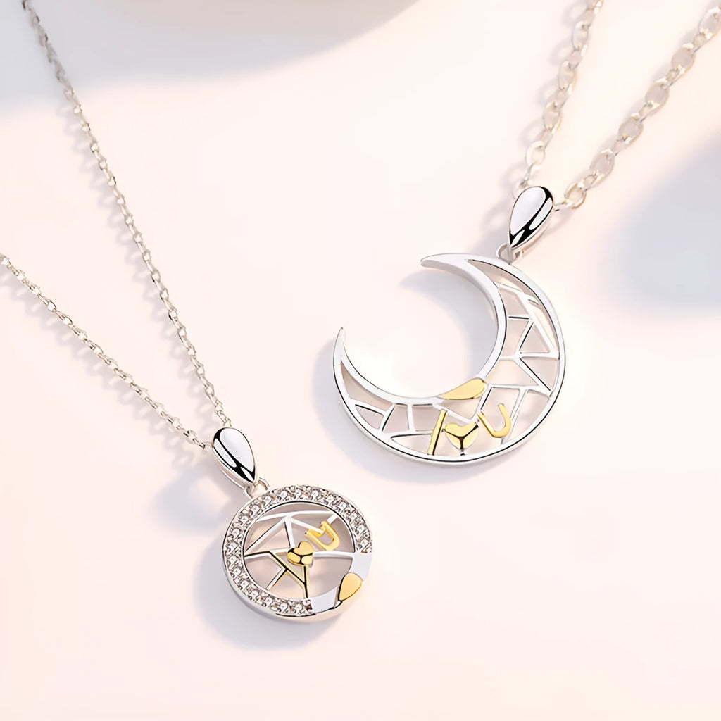 Sun Moon Tooth Couple Necklace with copper pendants on cross chain for men and women