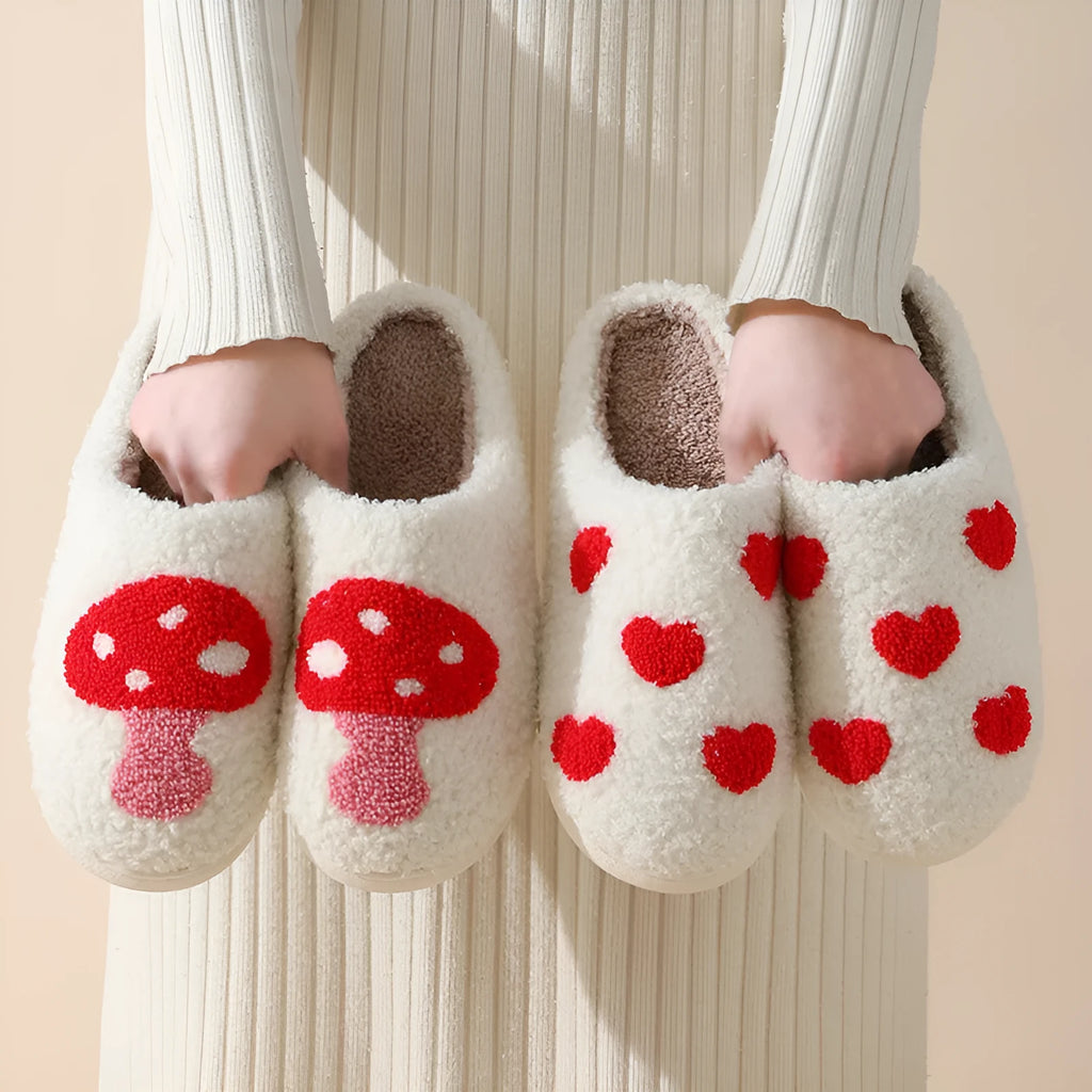 Women's plush cartoon love design slippers with non-slip PVC soles in multiple colour options