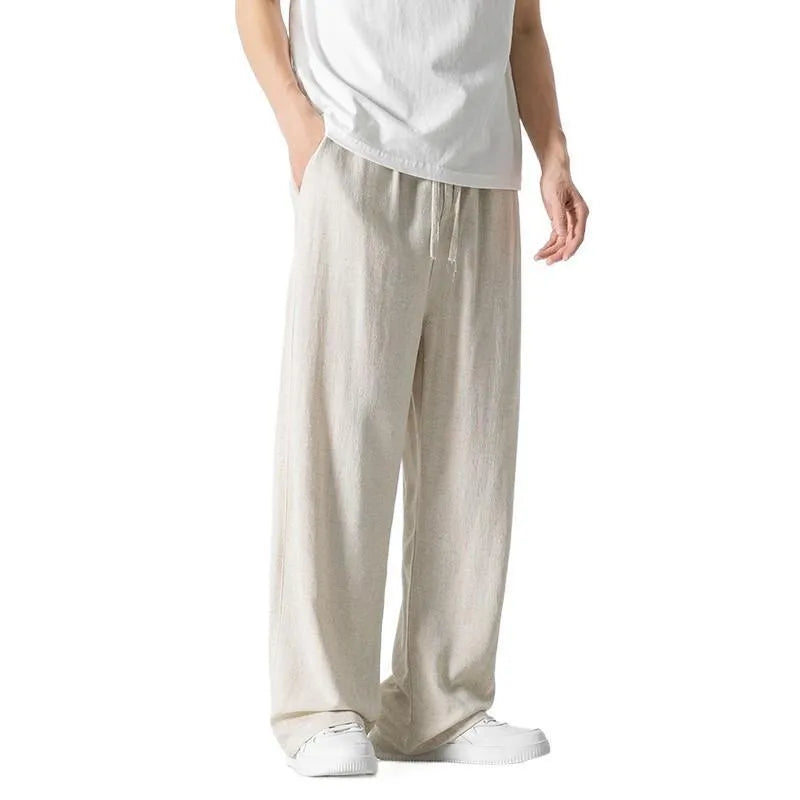 Men's loose straight-leg linen trousers in bamboo fibre fabric with drawstring waist