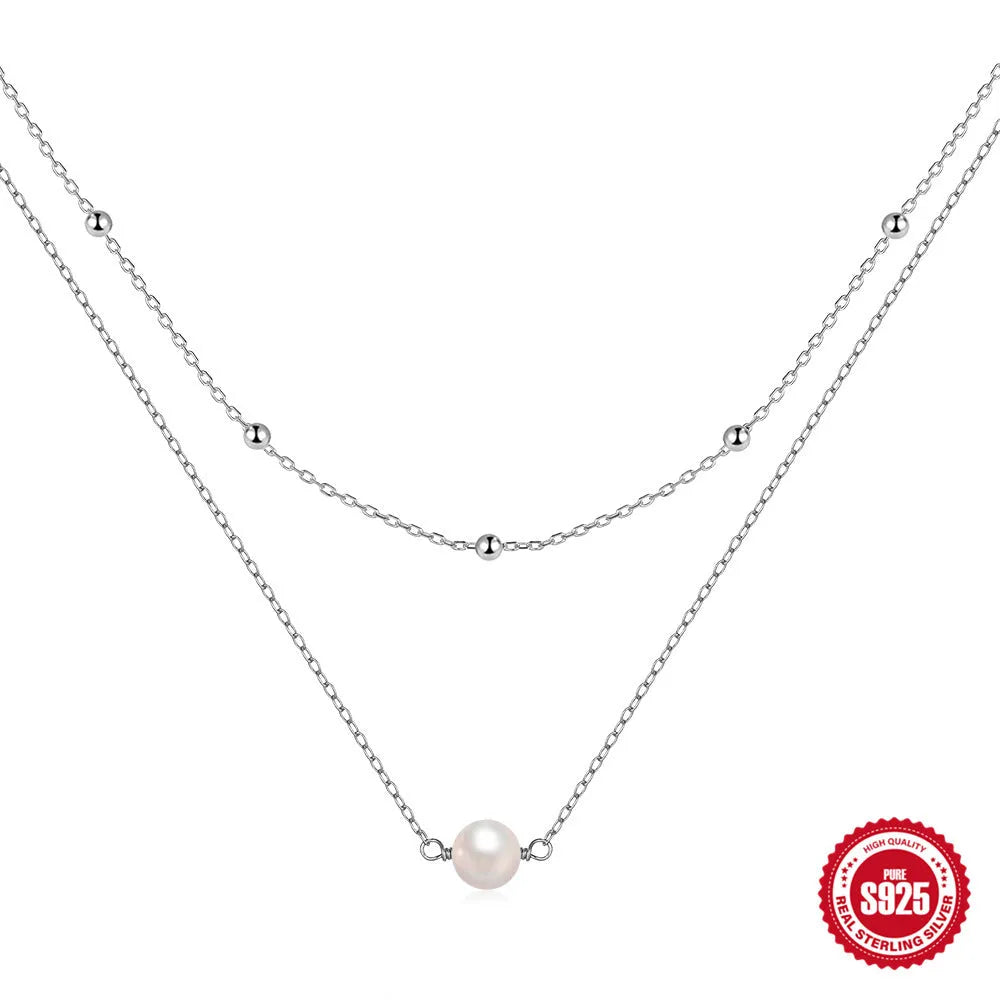 S925 sterling silver double layer twin pearl necklace with geometric design in gold colour