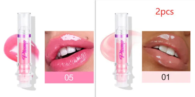 Lip gloss tube with mirror finish showing shiny application on lips