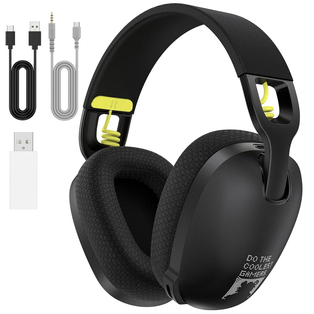Wireless Bluetooth gaming headset with noise reduction in black or white, showing head-mounted design.