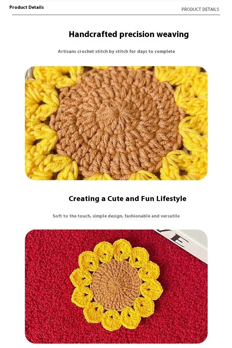 Hand-woven circular wool coaster with flower pattern, 10cm diameter