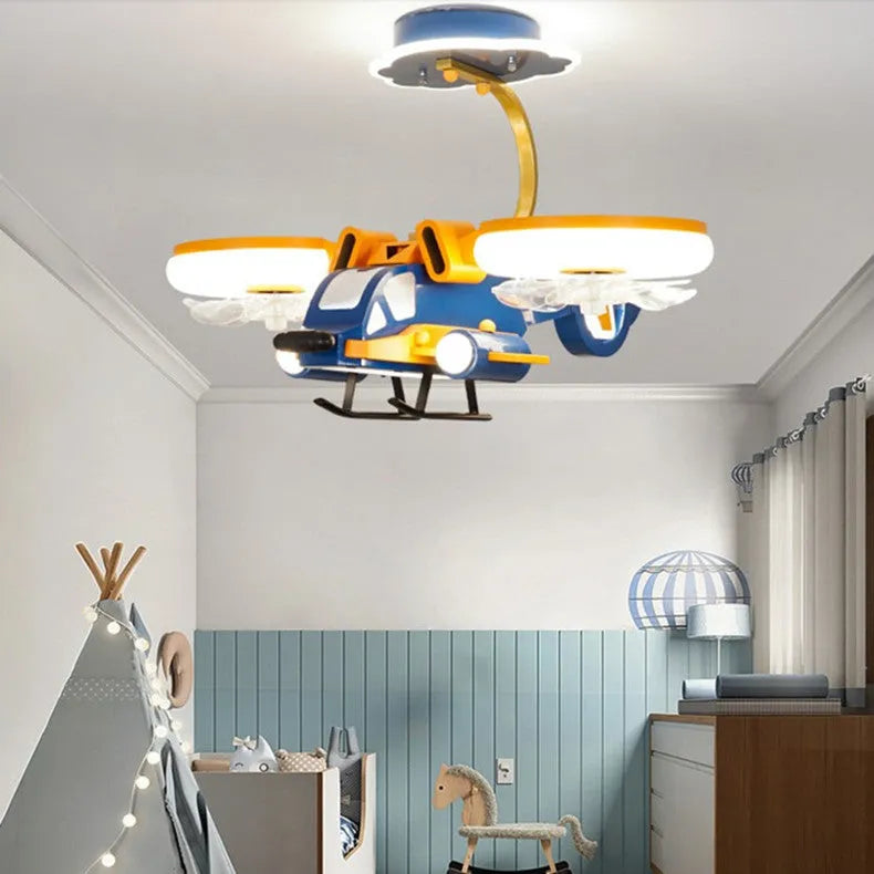 Modern ceiling fan light with yellow and blue acrylic shade and metal blades for large bedrooms