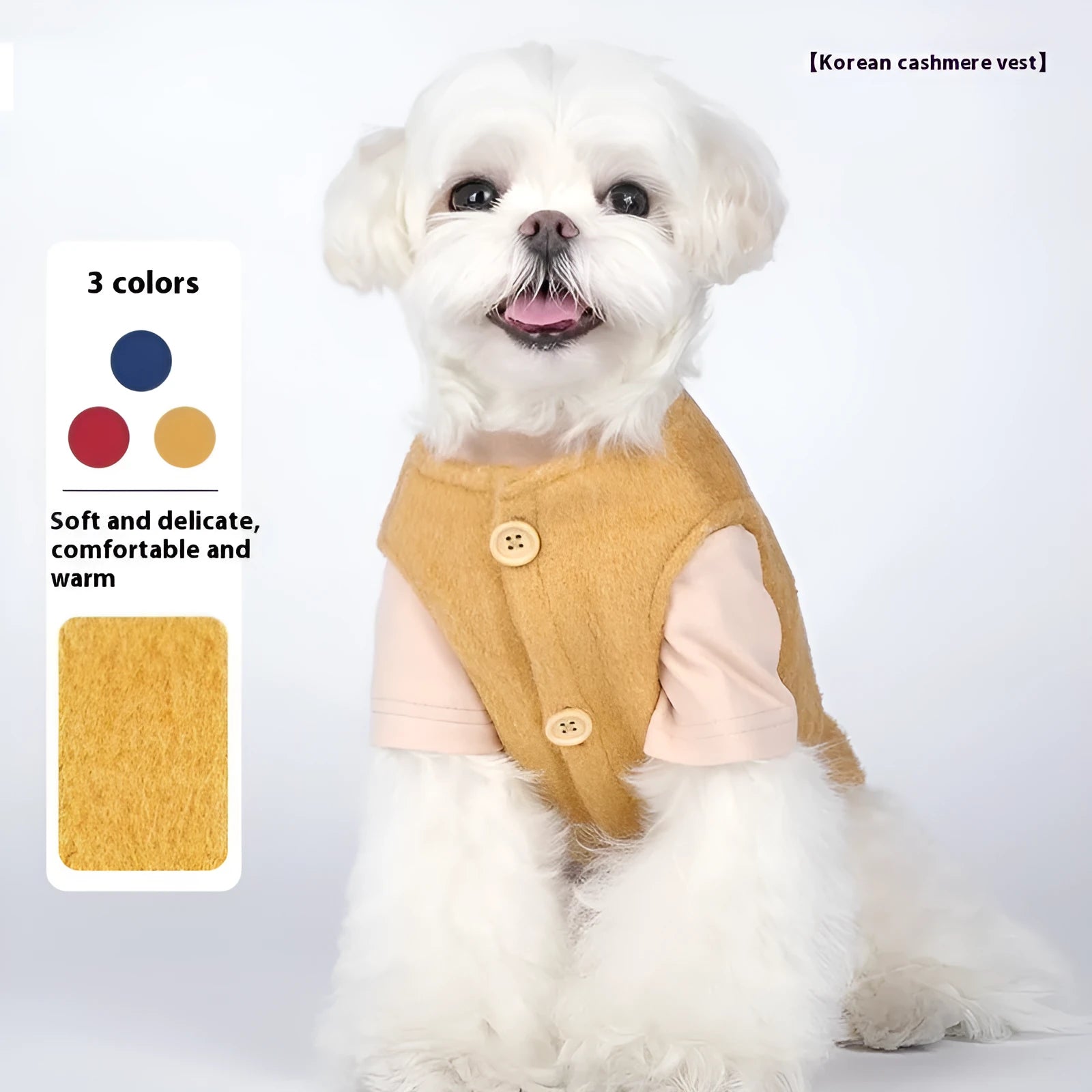 Cotton Korean-style dog vest in blue cashmere colour on small dog, showing casual knit design