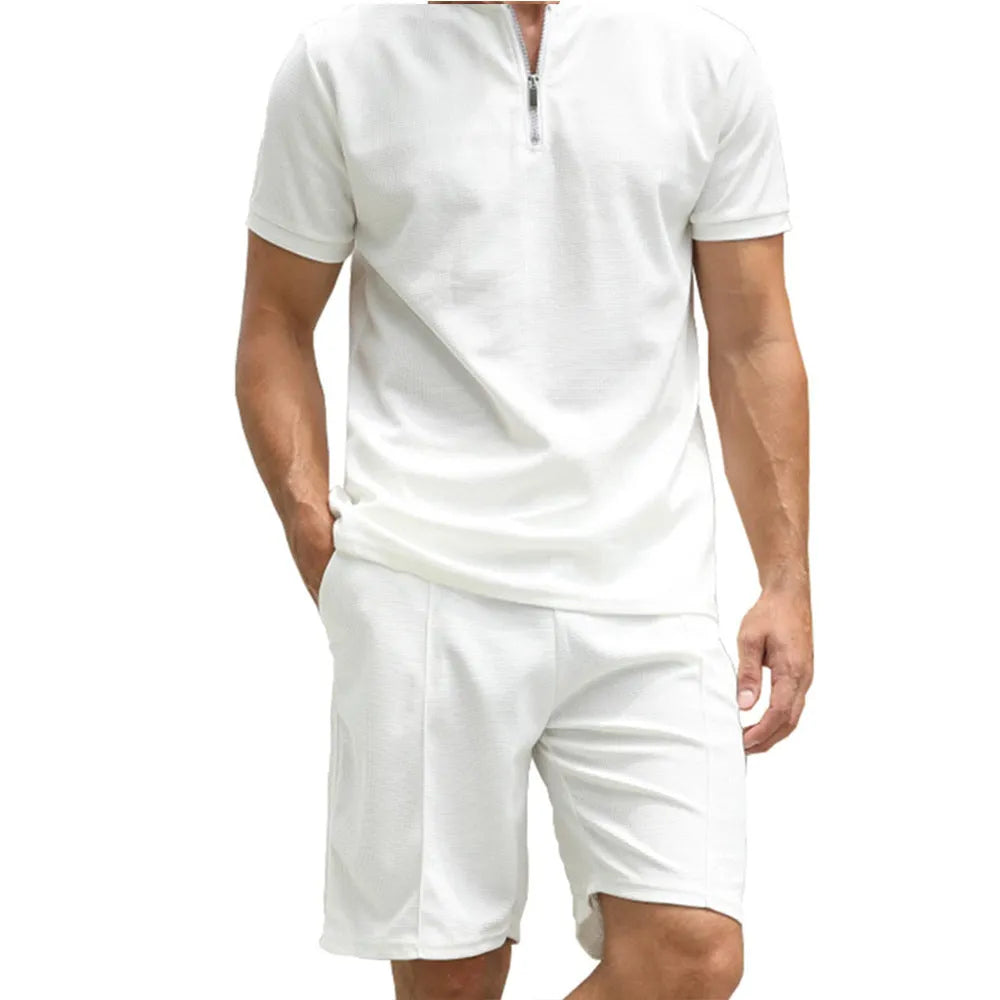 Men's solid colour polo shirt and matching trousers two-piece set in beaded bird's eye fabric