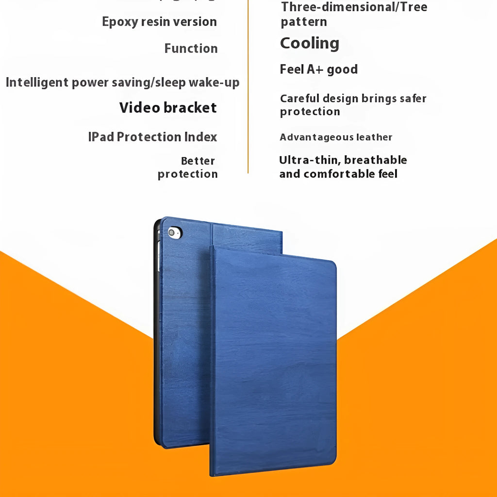 Sapphire blue imitation leather universal sleep bracket stand holding a silver iPad tablet.