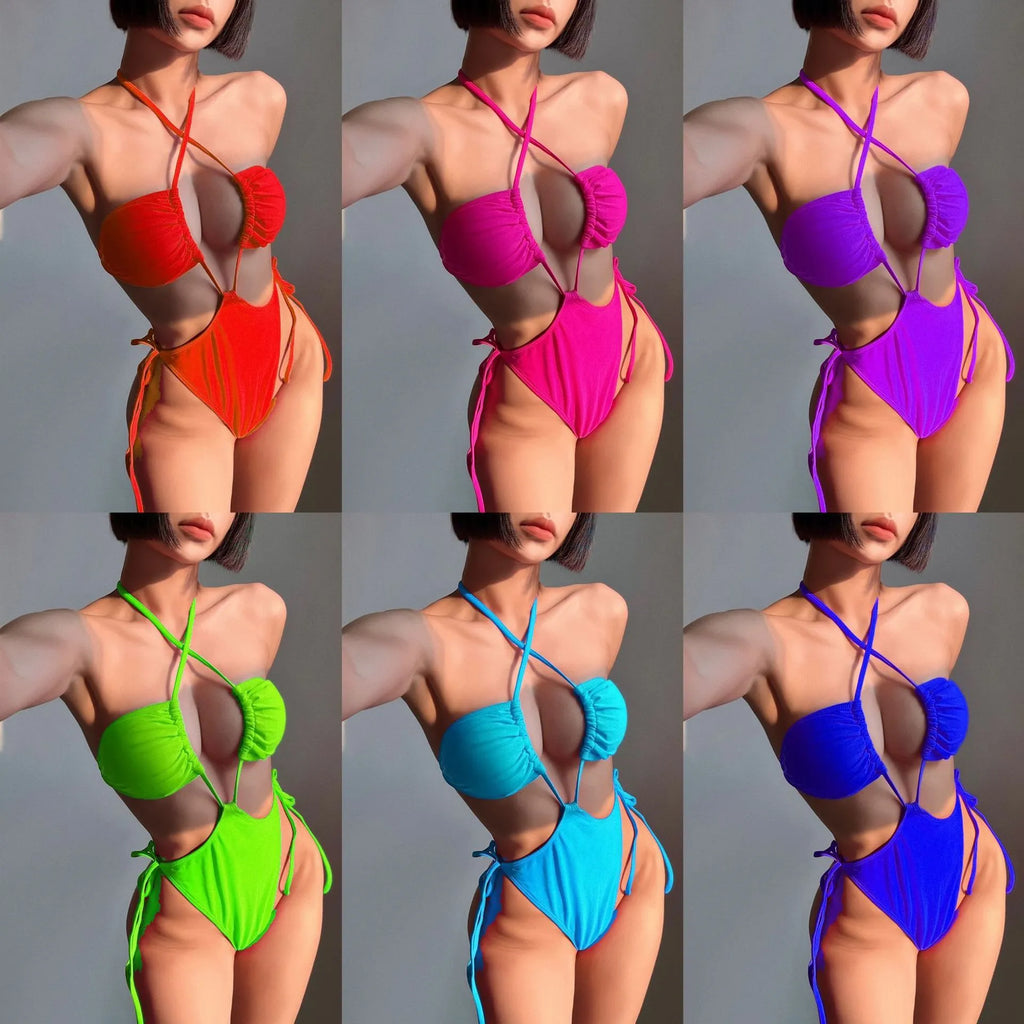 Women's black one-piece swimsuit with a front drawstring detail on a mannequin.
