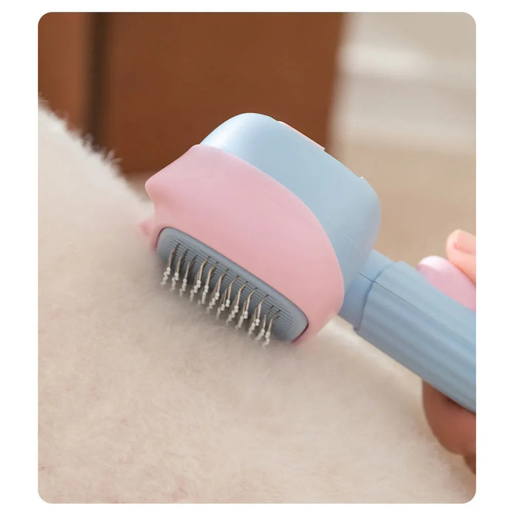 Blue double-sided pet grooming brush showing undercoat rake and dematting comb on a white background.