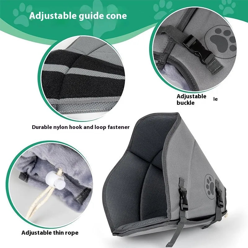 An adjustable polyester pet sterilisation collar or cone, shown in a casual style.