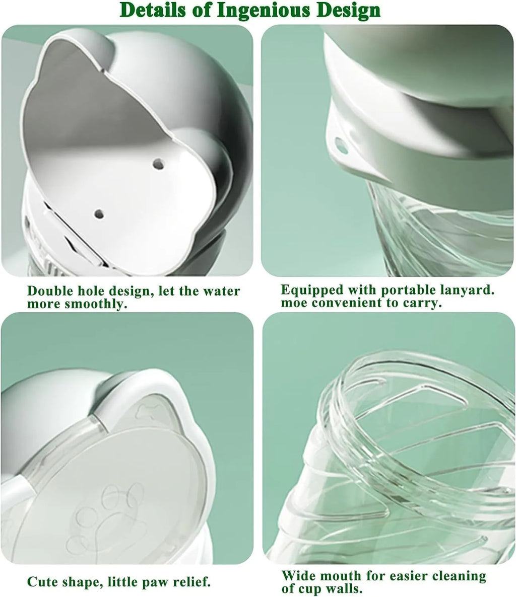 Green 3-in-1 portable pet water bottle with attached bowl, food container, and waste bag dispenser.