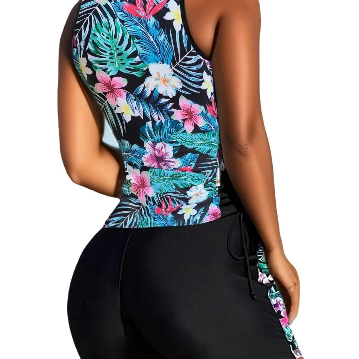 Plus size floral printed bikini with high waist brief and conservative backless design in navy blue colour
