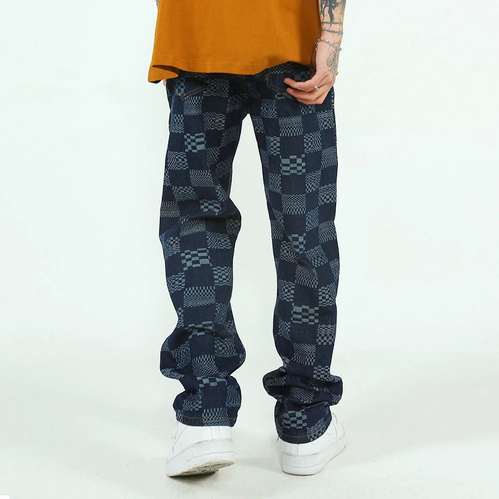 Men's black checkerboard jacquard straight loose fit cotton jeans