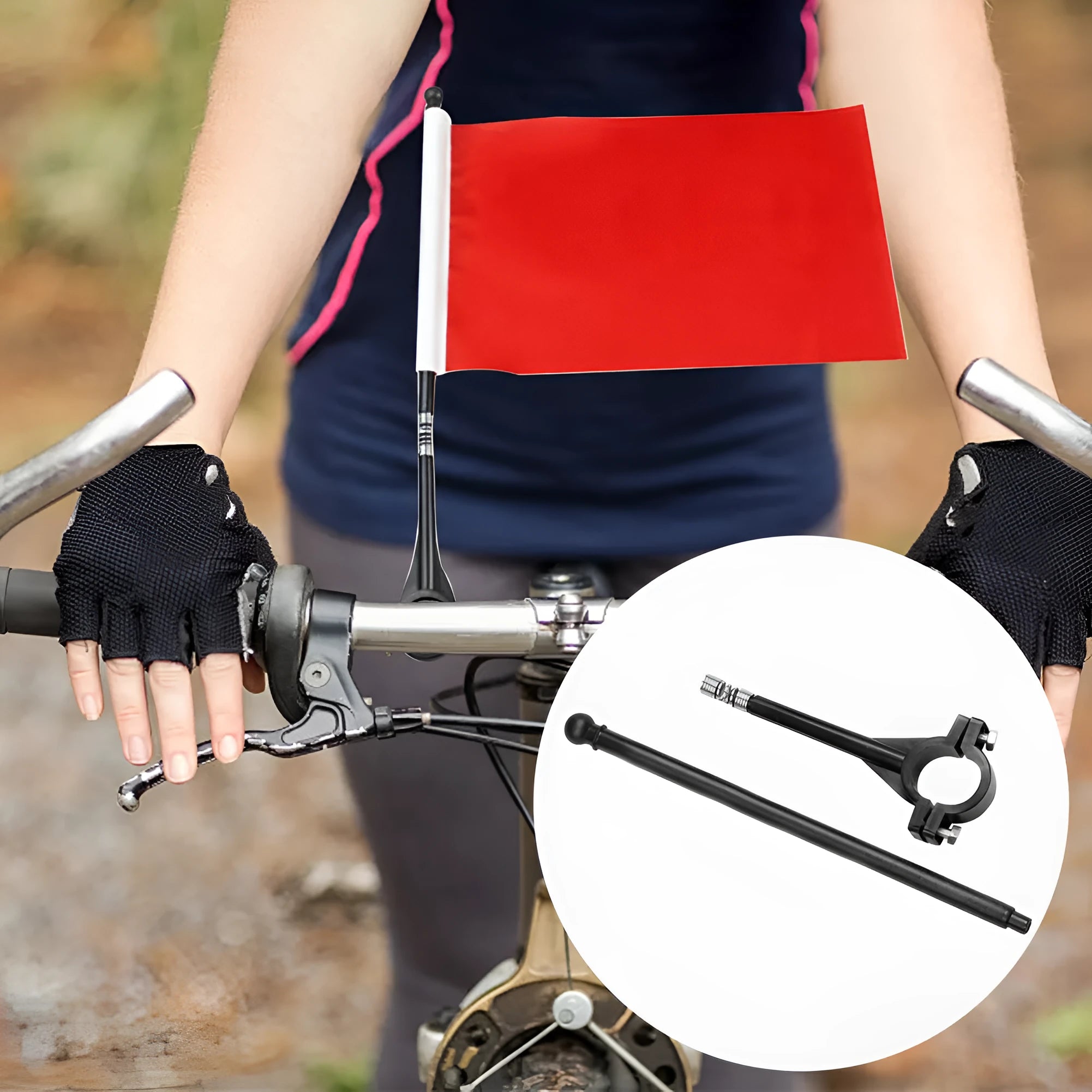 Square polyester cycling flag on a plastic pole mounted on a bicycle handlebar.