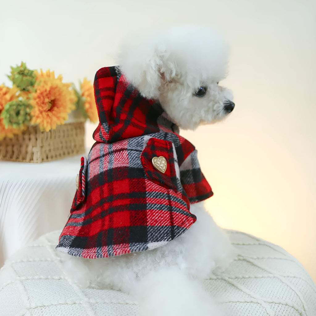 Red plaid pet trench coat for autumn and winter warmth with size options XS to XL