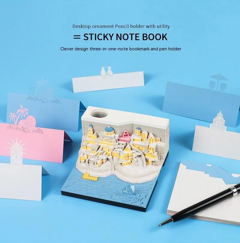 Santorini beach 3D paper carving notepad measuring 9x9x5 cm