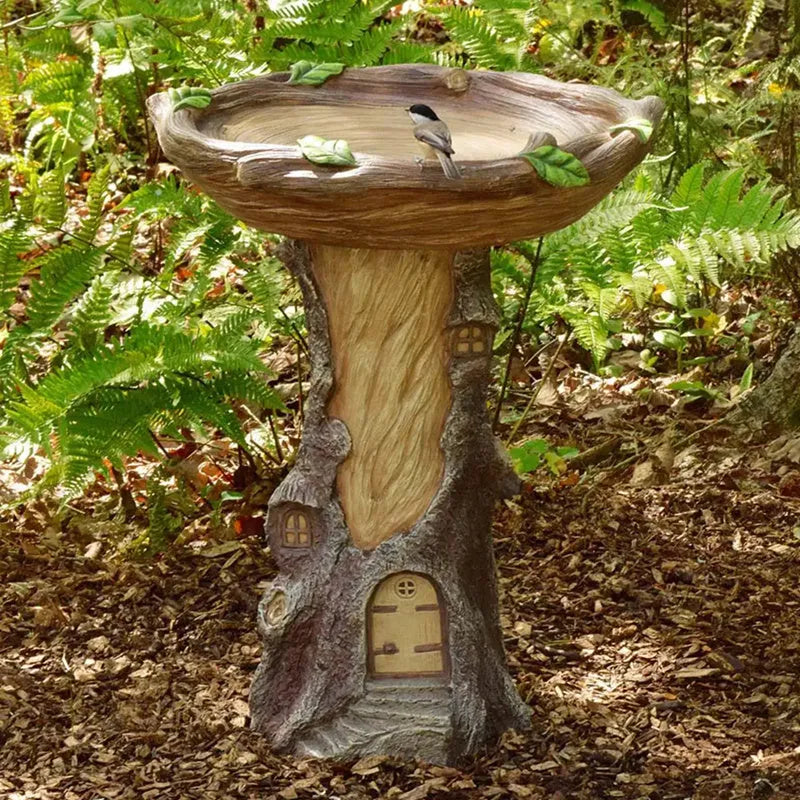 Sunflower resin garden ornament set with polyresin bird bath and 22cm raccoon, puppy, owl, rooster figurines