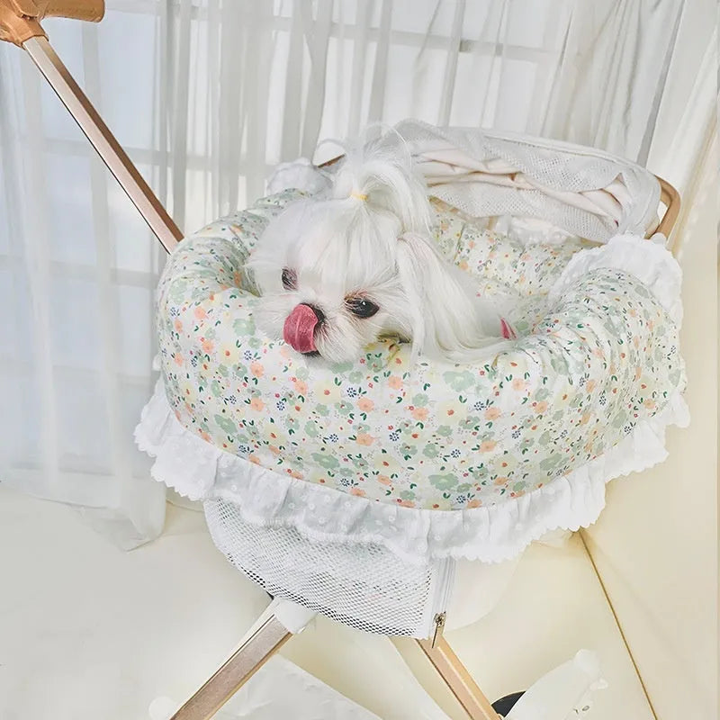 Pure cotton pet stroller cushion set showing removable towel, cushion, and pillow in floral pattern