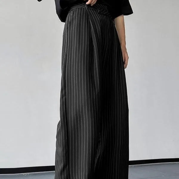 Men's black vertical striped pleated casual trousers made from rabbit hair and bamboo fibre blend