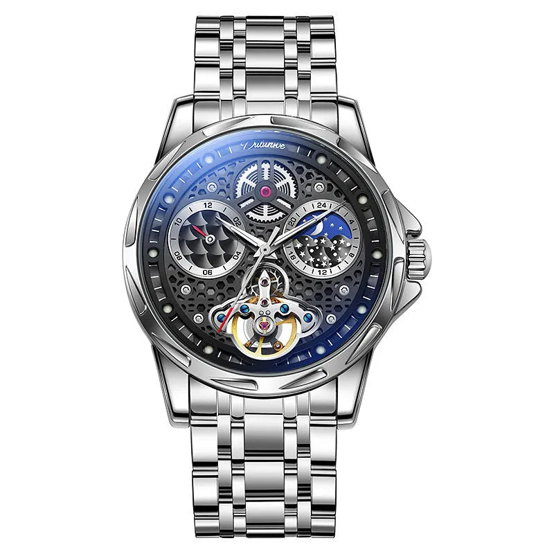 Men's automatic watch with luminous hands on a black dial, fitted on a stainless steel bracelet.