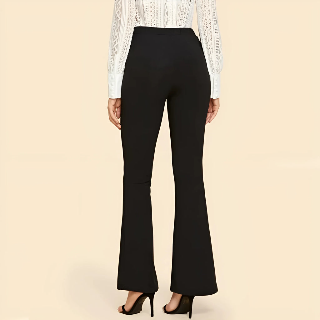 High waist flared black cotton blend trousers for women, sizes M to 3XL, front view