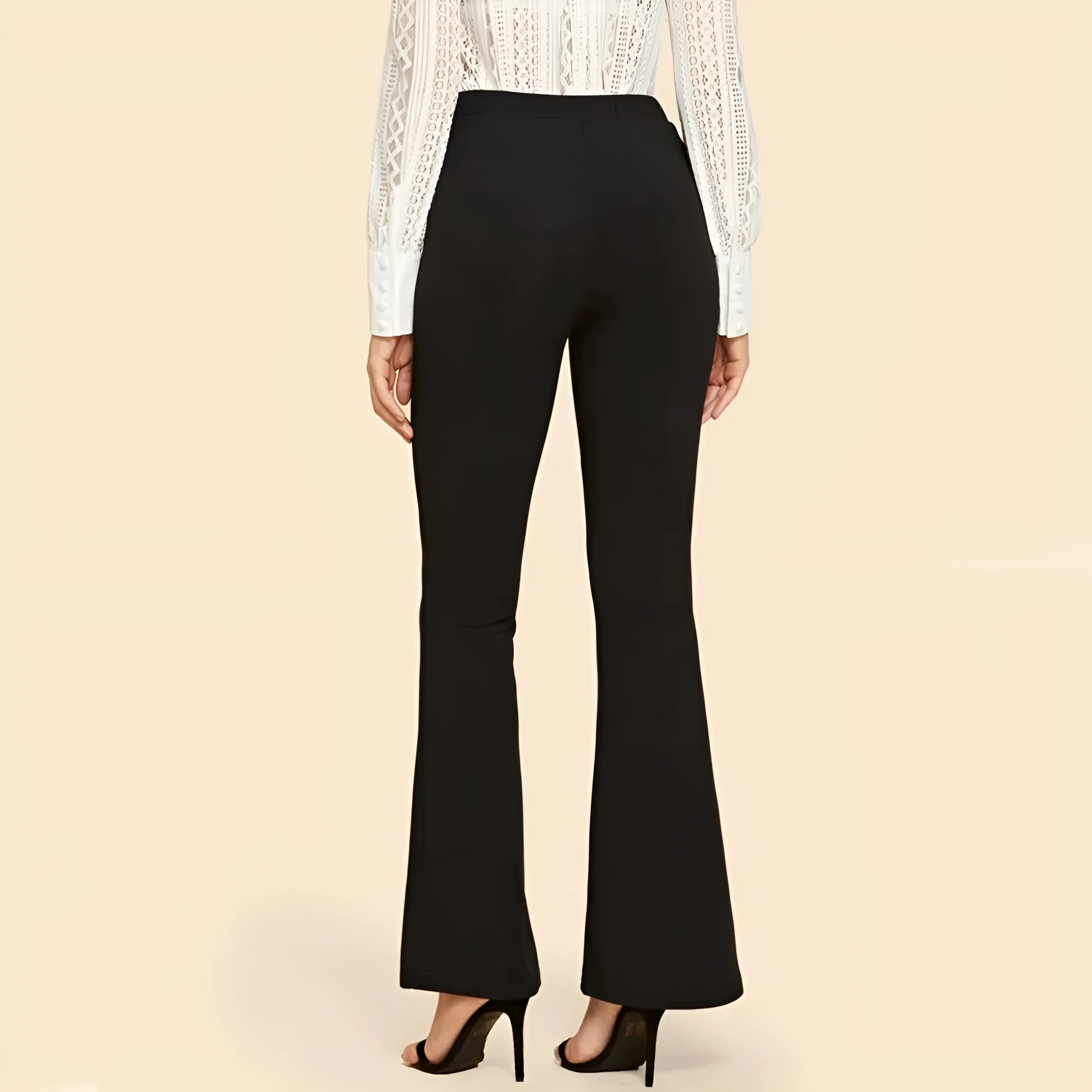 High waist flared black cotton blend trousers for women, sizes M to 3XL, front view