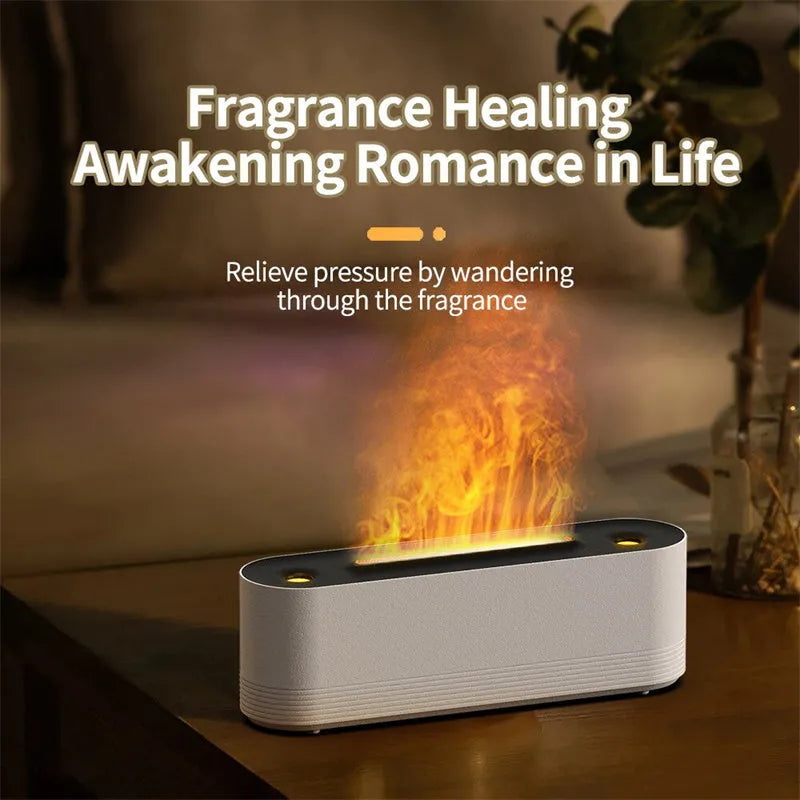 Black or white flame air humidifier with aroma diffuser and 7 colour LED lighting on table