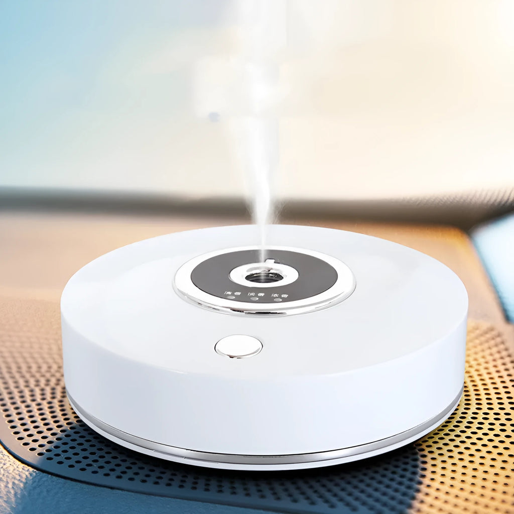 USB-powered car air freshener spray unit in black, grey or white with charging cable and anti-slip pad