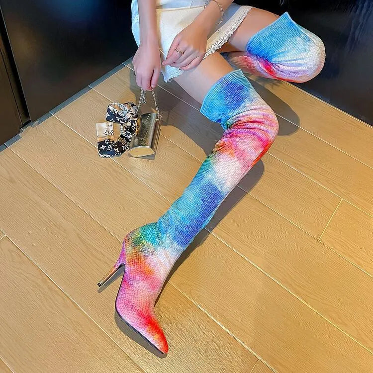 Women's iridescent over-the-knee boots with skinny heel, elastic fit, rubber sole, and two-layer pig skin lining in solid colour