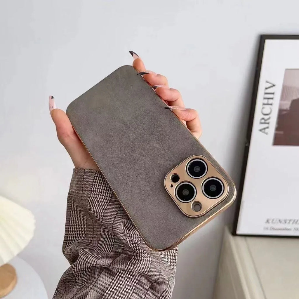 Leather texture solid colour TPU phone case for iPhone, shown in grey, black, grey-green, and blue.