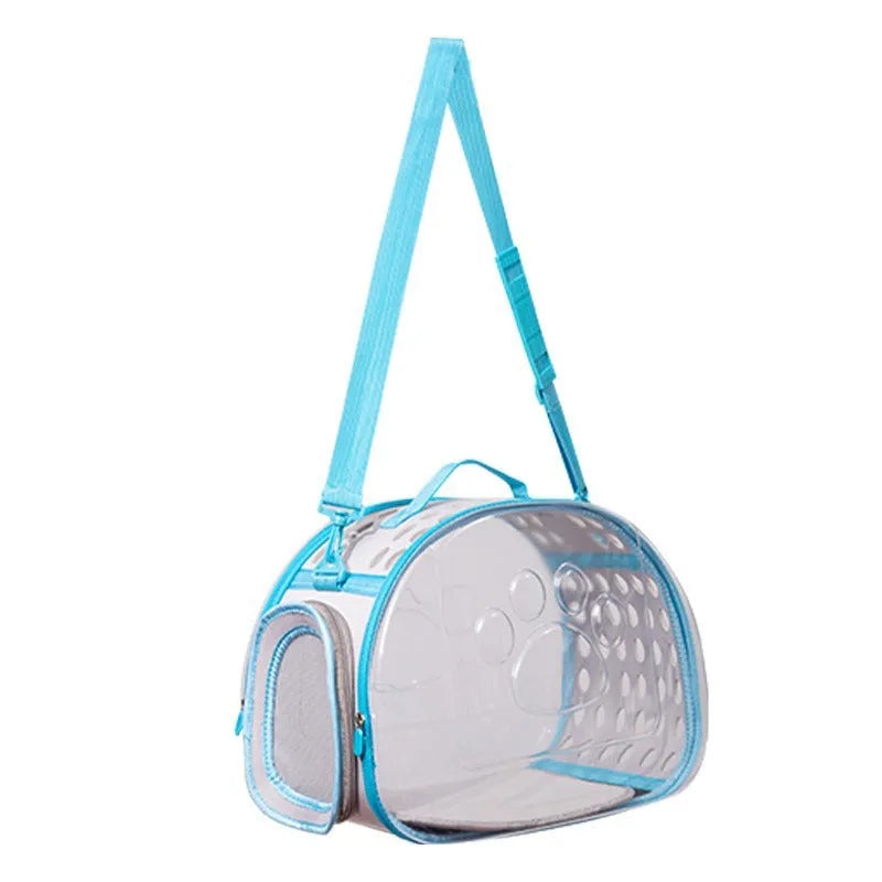 Transparent hard-shell space capsule backpack for a cat, shown in a choice of colours.