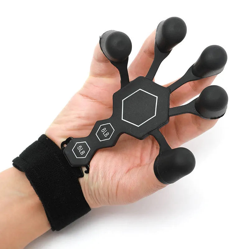 Grey and black silicone hand trainer brace for five-finger rehabilitation and strength training