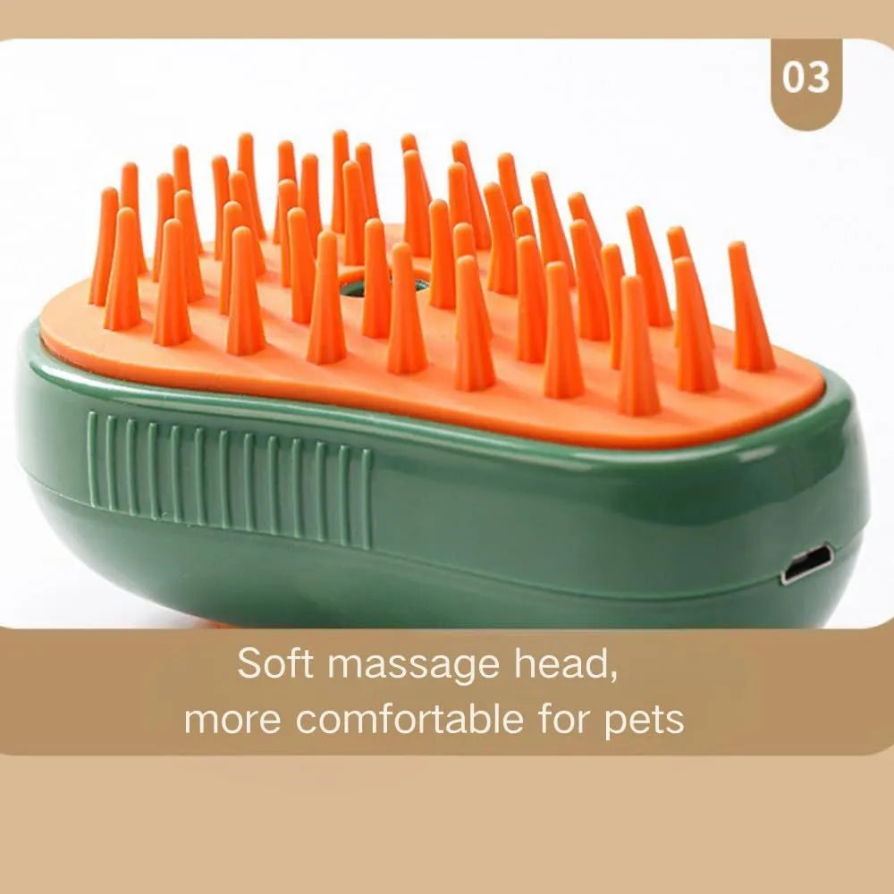 Green and white rechargeable cat steam brush with silicone teeth and water spray nozzle.