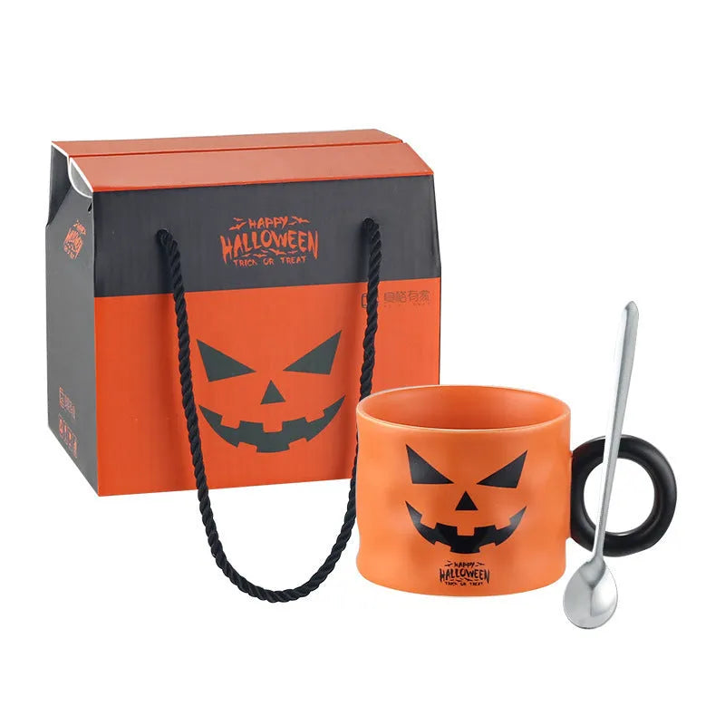 Orange ceramic Halloween pumpkin mug with handle and gift box.